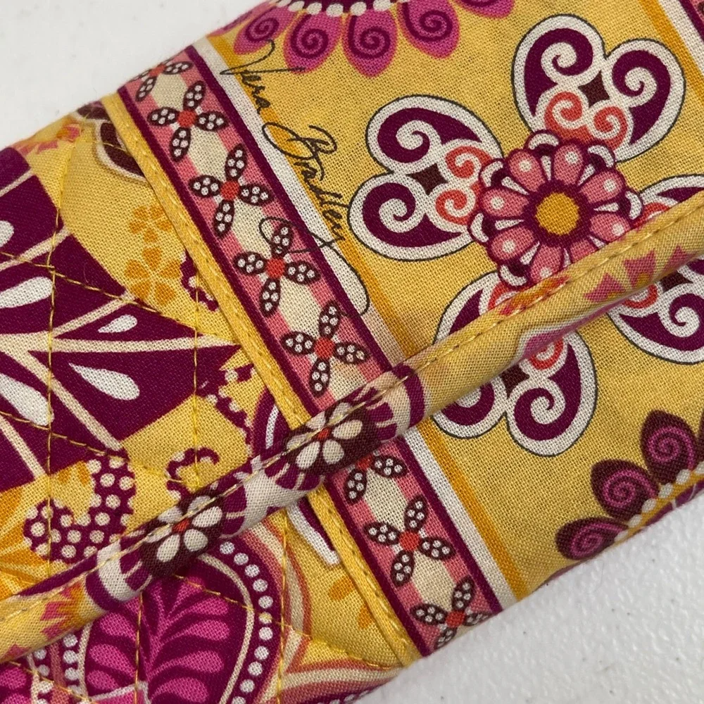 Vera Bradley Bali Gold Tri-Fold Wallet Women Yellow Pink Floral Quilted Cotton - Picture 3 of 8